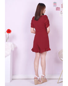 Fine Puff Sleeve Knot Front Textured Ruffle Playsuit (Maroon)